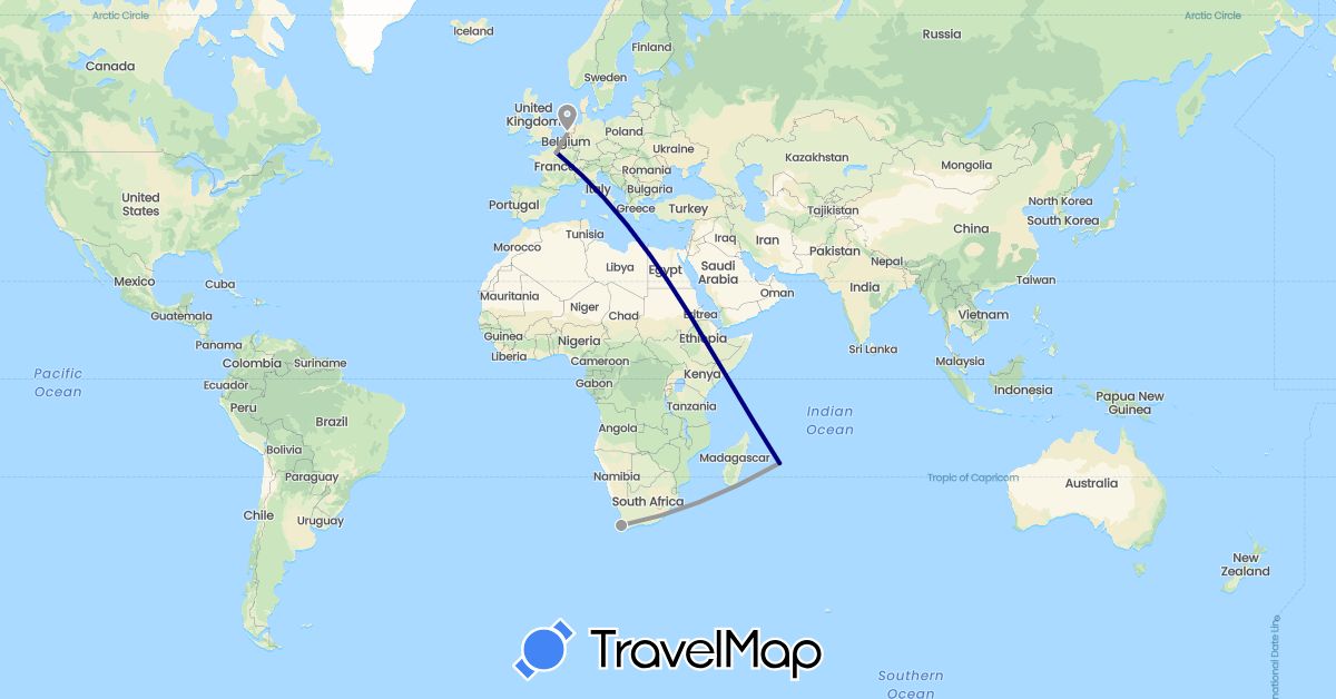 TravelMap itinerary: driving, plane in France, Mauritius, Netherlands, South Africa (Africa, Europe)